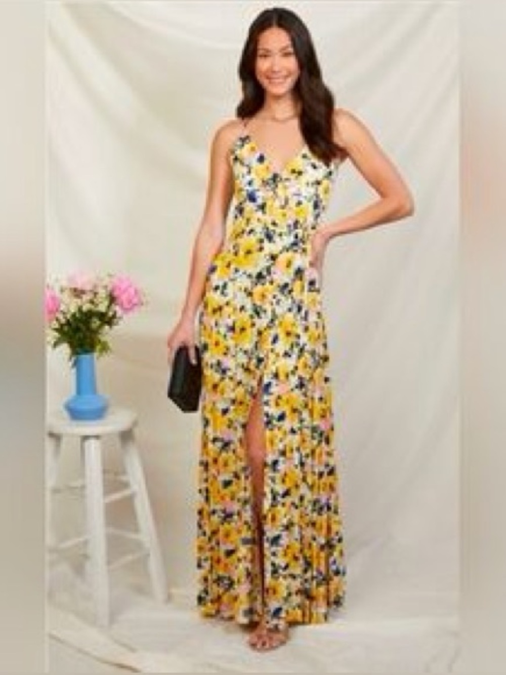Sunny Floral V-Neck Maxi Dress with Front Slit